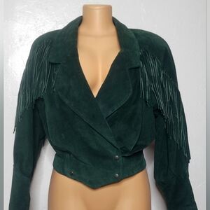 Phoenix Frontier Western Collection Vtg Dark Green Fringe Leather Jacket Med